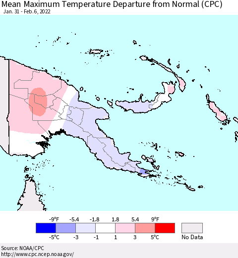 Papua New Guinea Mean Maximum Temperature Departure from Normal (CPC) Thematic Map For 1/31/2022 - 2/6/2022