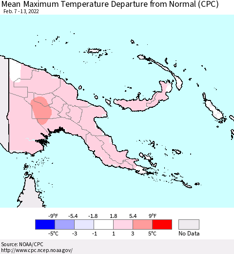 Papua New Guinea Mean Maximum Temperature Departure from Normal (CPC) Thematic Map For 2/7/2022 - 2/13/2022