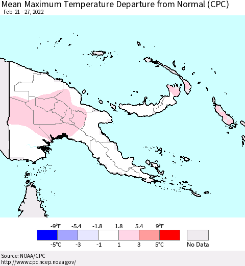 Papua New Guinea Mean Maximum Temperature Departure from Normal (CPC) Thematic Map For 2/21/2022 - 2/27/2022