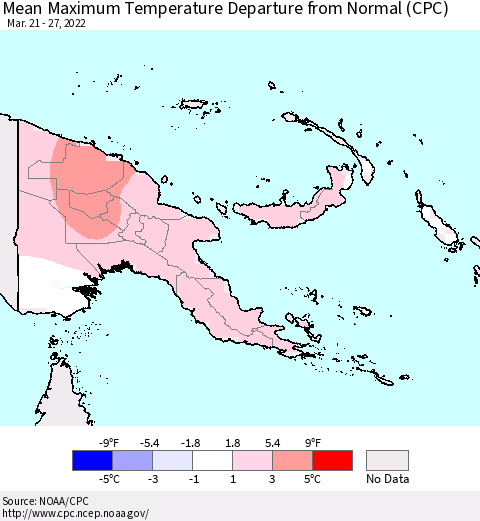 Papua New Guinea Mean Maximum Temperature Departure from Normal (CPC) Thematic Map For 3/21/2022 - 3/27/2022