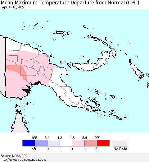 Papua New Guinea Mean Maximum Temperature Departure from Normal (CPC) Thematic Map For 4/4/2022 - 4/10/2022