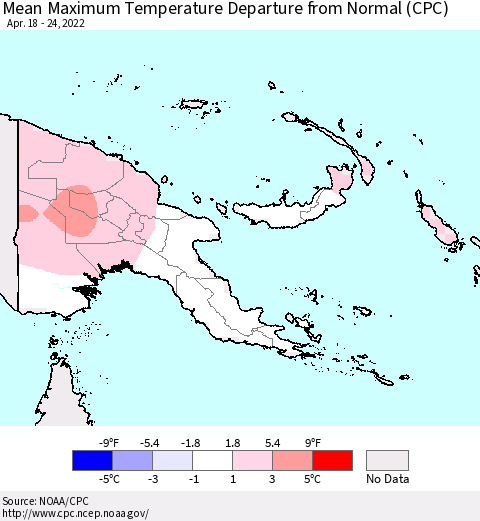 Papua New Guinea Mean Maximum Temperature Departure from Normal (CPC) Thematic Map For 4/18/2022 - 4/24/2022