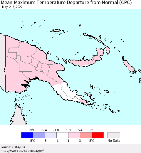 Papua New Guinea Mean Maximum Temperature Departure from Normal (CPC) Thematic Map For 5/2/2022 - 5/8/2022