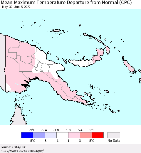 Papua New Guinea Mean Maximum Temperature Departure from Normal (CPC) Thematic Map For 5/30/2022 - 6/5/2022