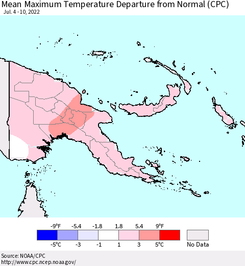 Papua New Guinea Mean Maximum Temperature Departure from Normal (CPC) Thematic Map For 7/4/2022 - 7/10/2022