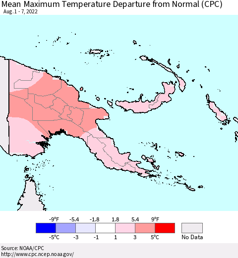 Papua New Guinea Mean Maximum Temperature Departure from Normal (CPC) Thematic Map For 8/1/2022 - 8/7/2022