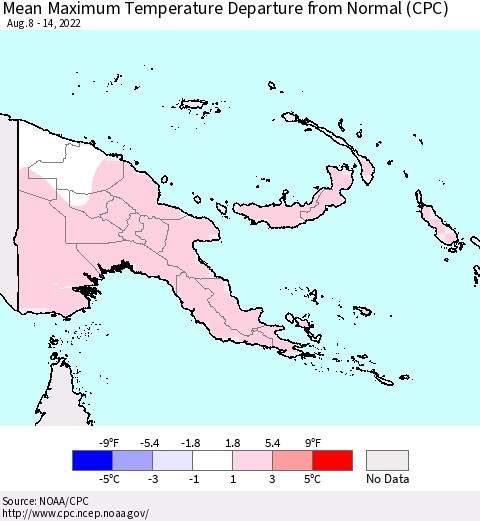 Papua New Guinea Mean Maximum Temperature Departure from Normal (CPC) Thematic Map For 8/8/2022 - 8/14/2022