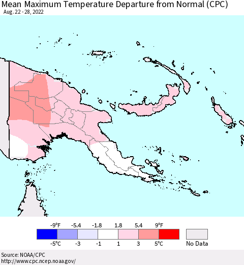 Papua New Guinea Mean Maximum Temperature Departure from Normal (CPC) Thematic Map For 8/22/2022 - 8/28/2022
