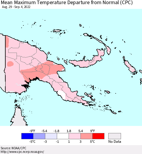 Papua New Guinea Mean Maximum Temperature Departure from Normal (CPC) Thematic Map For 8/29/2022 - 9/4/2022