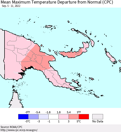 Papua New Guinea Mean Maximum Temperature Departure from Normal (CPC) Thematic Map For 9/5/2022 - 9/11/2022