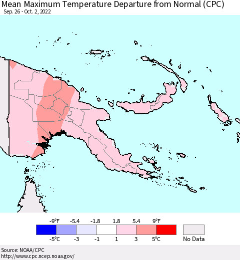 Papua New Guinea Mean Maximum Temperature Departure from Normal (CPC) Thematic Map For 9/26/2022 - 10/2/2022