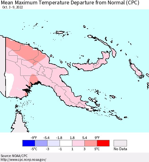 Papua New Guinea Mean Maximum Temperature Departure from Normal (CPC) Thematic Map For 10/3/2022 - 10/9/2022