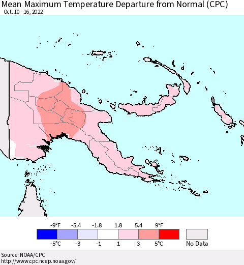 Papua New Guinea Mean Maximum Temperature Departure from Normal (CPC) Thematic Map For 10/10/2022 - 10/16/2022