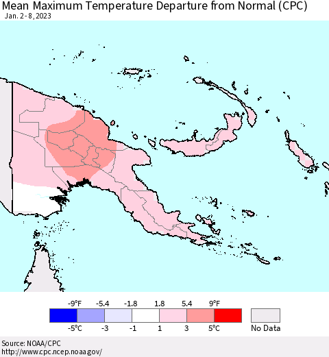 Papua New Guinea Mean Maximum Temperature Departure from Normal (CPC) Thematic Map For 1/2/2023 - 1/8/2023