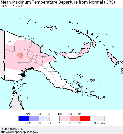 Papua New Guinea Mean Maximum Temperature Departure from Normal (CPC) Thematic Map For 1/16/2023 - 1/22/2023