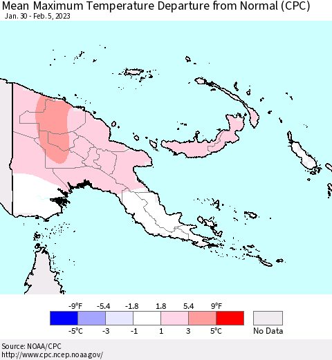 Papua New Guinea Mean Maximum Temperature Departure from Normal (CPC) Thematic Map For 1/30/2023 - 2/5/2023