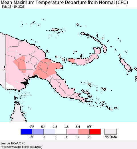 Papua New Guinea Mean Maximum Temperature Departure from Normal (CPC) Thematic Map For 2/13/2023 - 2/19/2023