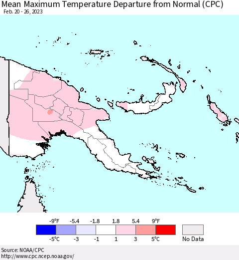 Papua New Guinea Mean Maximum Temperature Departure from Normal (CPC) Thematic Map For 2/20/2023 - 2/26/2023