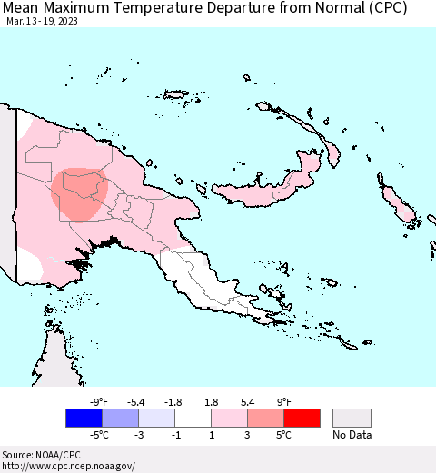 Papua New Guinea Mean Maximum Temperature Departure from Normal (CPC) Thematic Map For 3/13/2023 - 3/19/2023