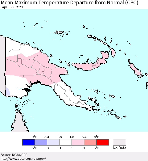 Papua New Guinea Mean Maximum Temperature Departure from Normal (CPC) Thematic Map For 4/3/2023 - 4/9/2023