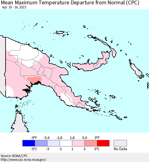 Papua New Guinea Mean Maximum Temperature Departure from Normal (CPC) Thematic Map For 4/10/2023 - 4/16/2023