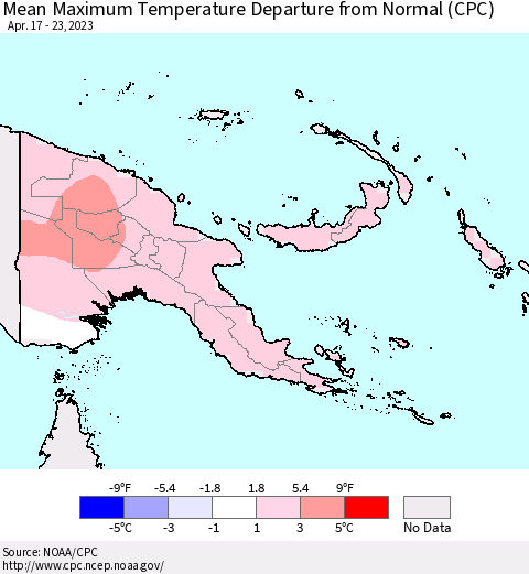 Papua New Guinea Mean Maximum Temperature Departure from Normal (CPC) Thematic Map For 4/17/2023 - 4/23/2023