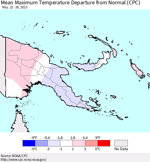 Papua New Guinea Mean Maximum Temperature Departure from Normal (CPC) Thematic Map For 5/22/2023 - 5/28/2023