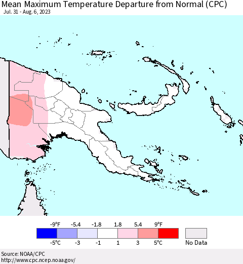 Papua New Guinea Mean Maximum Temperature Departure from Normal (CPC) Thematic Map For 7/31/2023 - 8/6/2023