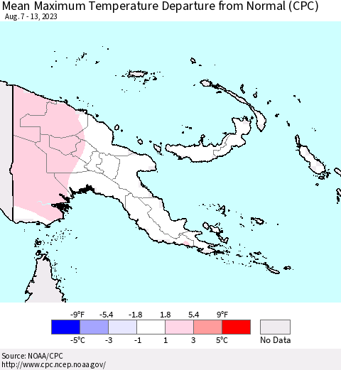 Papua New Guinea Mean Maximum Temperature Departure from Normal (CPC) Thematic Map For 8/7/2023 - 8/13/2023