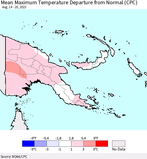 Papua New Guinea Mean Maximum Temperature Departure from Normal (CPC) Thematic Map For 8/14/2023 - 8/20/2023
