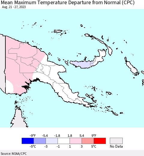 Papua New Guinea Mean Maximum Temperature Departure from Normal (CPC) Thematic Map For 8/21/2023 - 8/27/2023