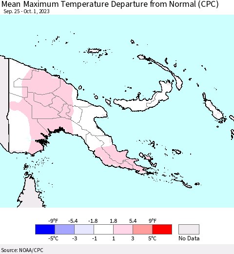 Papua New Guinea Mean Maximum Temperature Departure from Normal (CPC) Thematic Map For 9/25/2023 - 10/1/2023