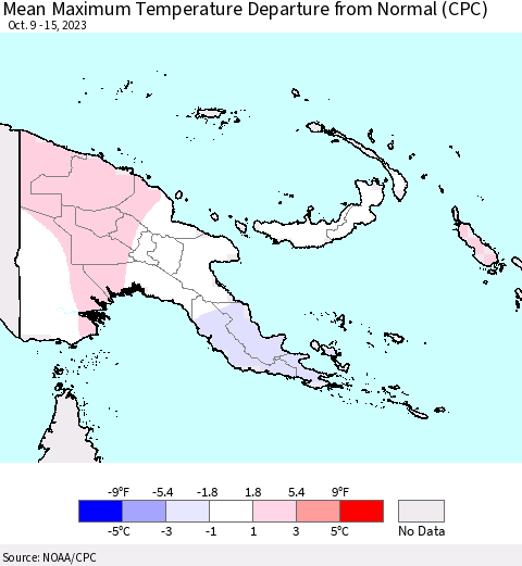 Papua New Guinea Mean Maximum Temperature Departure from Normal (CPC) Thematic Map For 10/9/2023 - 10/15/2023