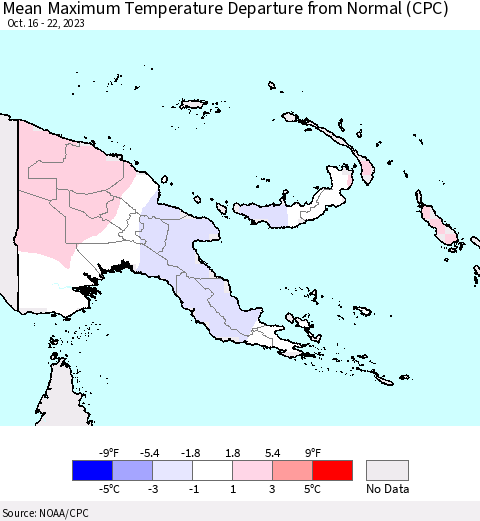 Papua New Guinea Mean Maximum Temperature Departure from Normal (CPC) Thematic Map For 10/16/2023 - 10/22/2023