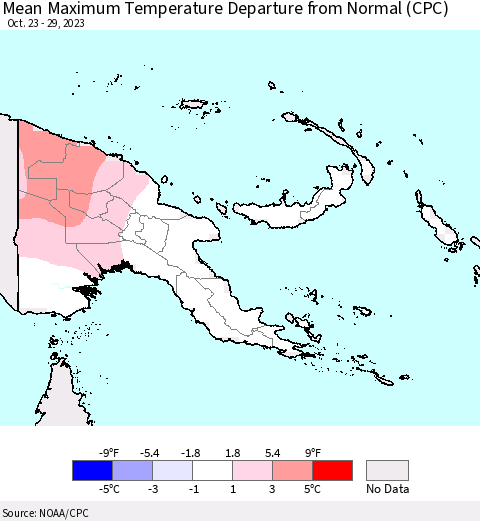 Papua New Guinea Mean Maximum Temperature Departure from Normal (CPC) Thematic Map For 10/23/2023 - 10/29/2023
