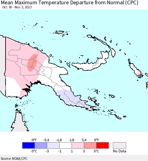 Papua New Guinea Mean Maximum Temperature Departure from Normal (CPC) Thematic Map For 10/30/2023 - 11/5/2023