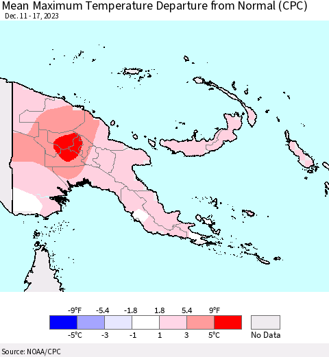 Papua New Guinea Mean Maximum Temperature Departure from Normal (CPC) Thematic Map For 12/11/2023 - 12/17/2023