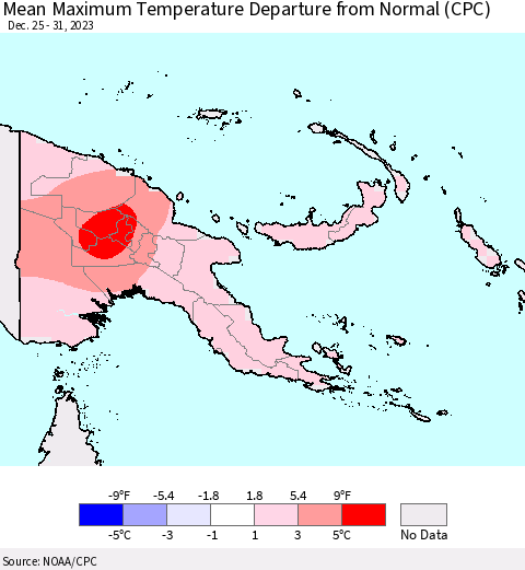 Papua New Guinea Mean Maximum Temperature Departure from Normal (CPC) Thematic Map For 12/25/2023 - 12/31/2023