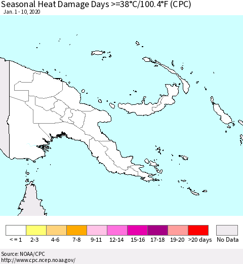 Papua New Guinea Seasonal Heat Damage Days >=38°C/100°F (CPC) Thematic Map For 1/1/2020 - 1/10/2020