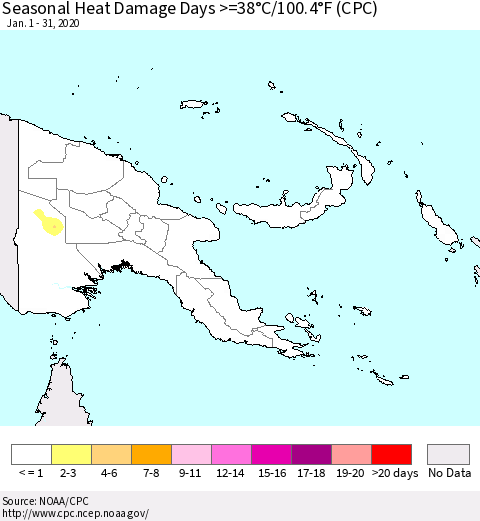 Papua New Guinea Seasonal Heat Damage Days >=38°C/100°F (CPC) Thematic Map For 1/1/2020 - 1/31/2020