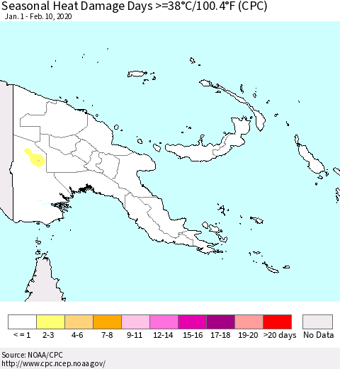 Papua New Guinea Seasonal Heat Damage Days >=38°C/100°F (CPC) Thematic Map For 1/1/2020 - 2/10/2020