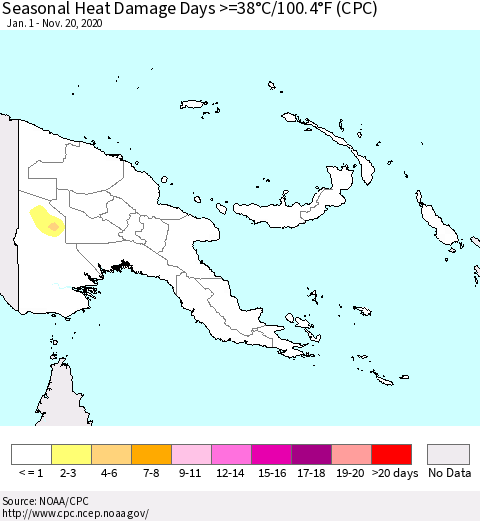 Papua New Guinea Seasonal Heat Damage Days >=38°C/100°F (CPC) Thematic Map For 1/1/2020 - 11/20/2020