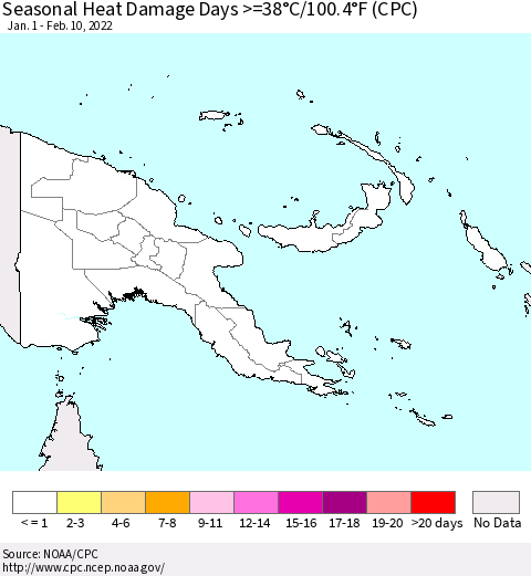 Papua New Guinea Seasonal Heat Damage Days >=38°C/100°F (CPC) Thematic Map For 1/1/2022 - 2/10/2022