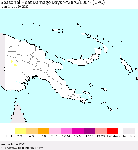 Papua New Guinea Seasonal Heat Damage Days >=38°C/100°F (CPC) Thematic Map For 1/1/2022 - 7/20/2022