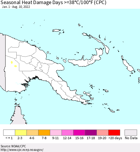 Papua New Guinea Seasonal Heat Damage Days >=38°C/100°F (CPC) Thematic Map For 1/1/2022 - 8/10/2022