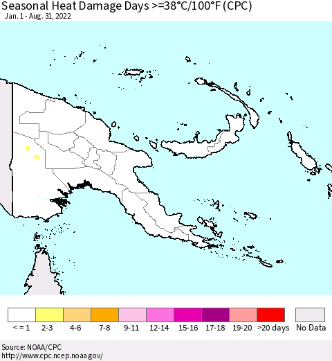 Papua New Guinea Seasonal Heat Damage Days >=38°C/100°F (CPC) Thematic Map For 1/1/2022 - 8/31/2022