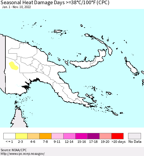 Papua New Guinea Seasonal Heat Damage Days >=38°C/100°F (CPC) Thematic Map For 1/1/2022 - 11/10/2022