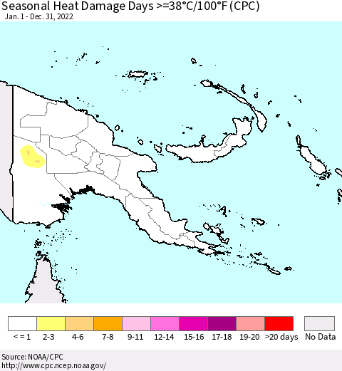 Papua New Guinea Seasonal Heat Damage Days >=38°C/100°F (CPC) Thematic Map For 1/1/2022 - 12/31/2022
