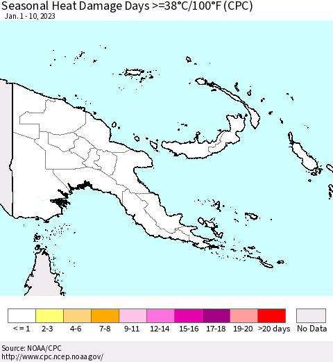 Papua New Guinea Seasonal Heat Damage Days >=38°C/100°F (CPC) Thematic Map For 1/1/2023 - 1/10/2023
