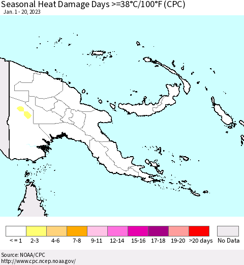 Papua New Guinea Seasonal Heat Damage Days >=38°C/100°F (CPC) Thematic Map For 1/1/2023 - 1/20/2023